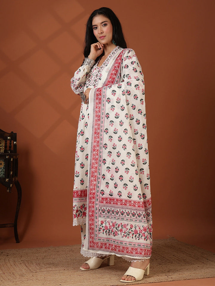 Printed Cotton Blend Kurta With Pant &amp; Dupatta