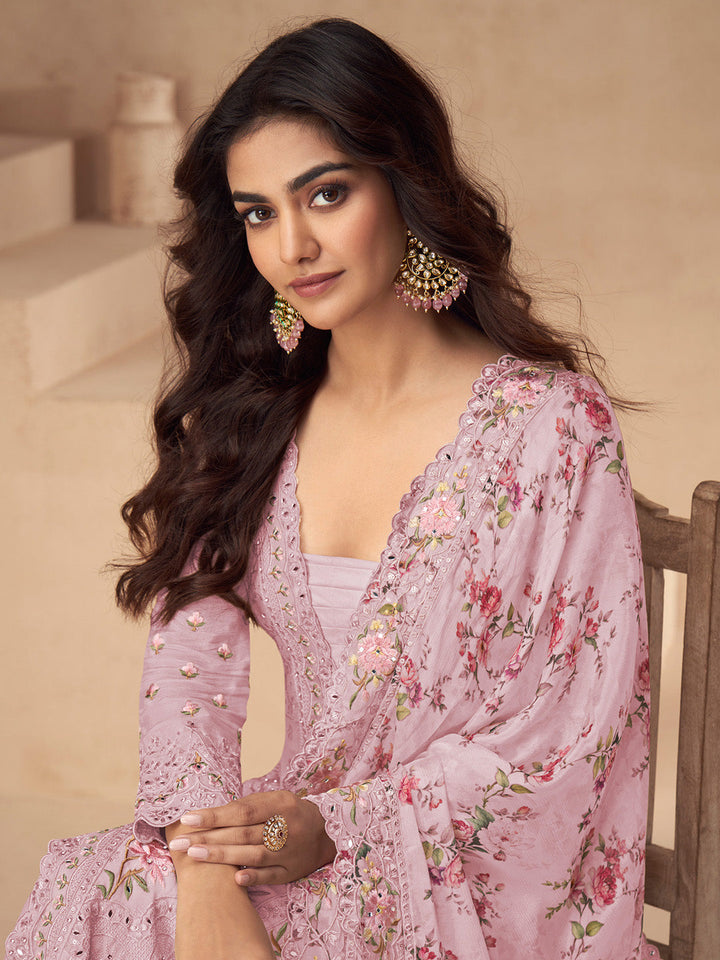 Embroidered Chinon Silk Kurta With Plazzo &amp; Dupatta