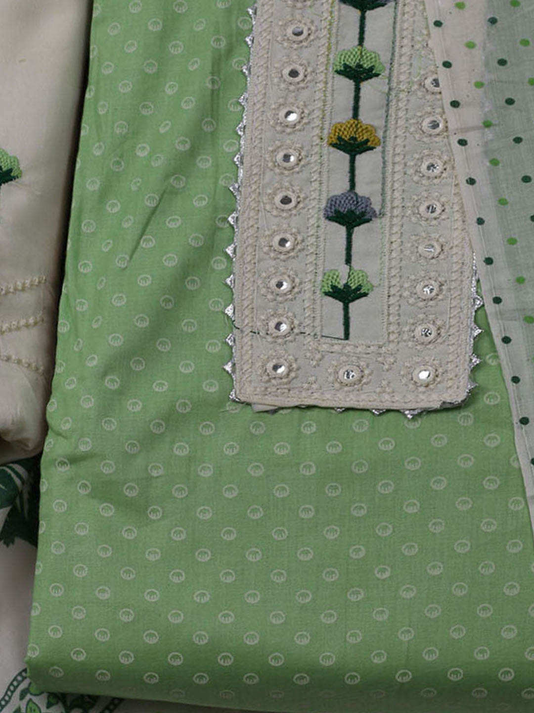 Neck Embroidered & Printed Cotton Blend Unstitched Suit With Dupatta