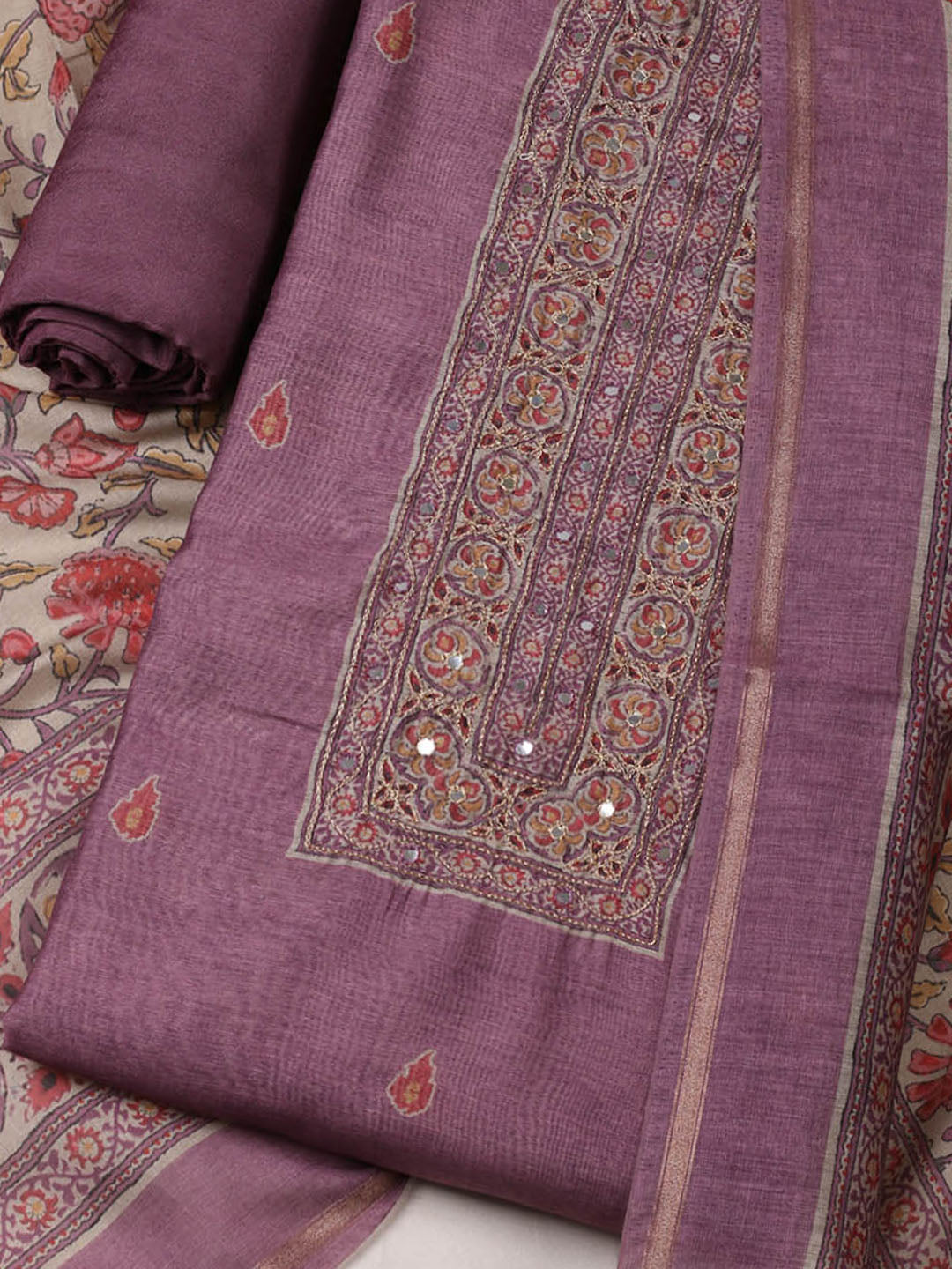 Printed Chanderi Unstitched Suit With Pant &amp; Dupatta