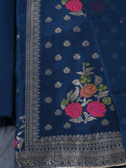 Woven Design Chanderi Navy Blue Unstitched Suit With Pant & Dupatta