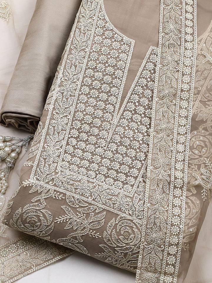 Embroidered Organza Unstitched Suit With Pant &amp; Dupatta