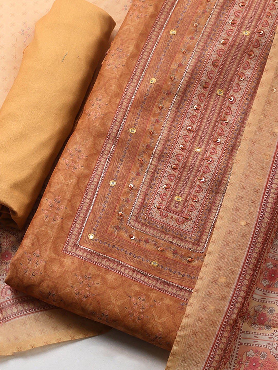 Embellished Chanderi Unstitched Suit With Pant &amp; Dupatta