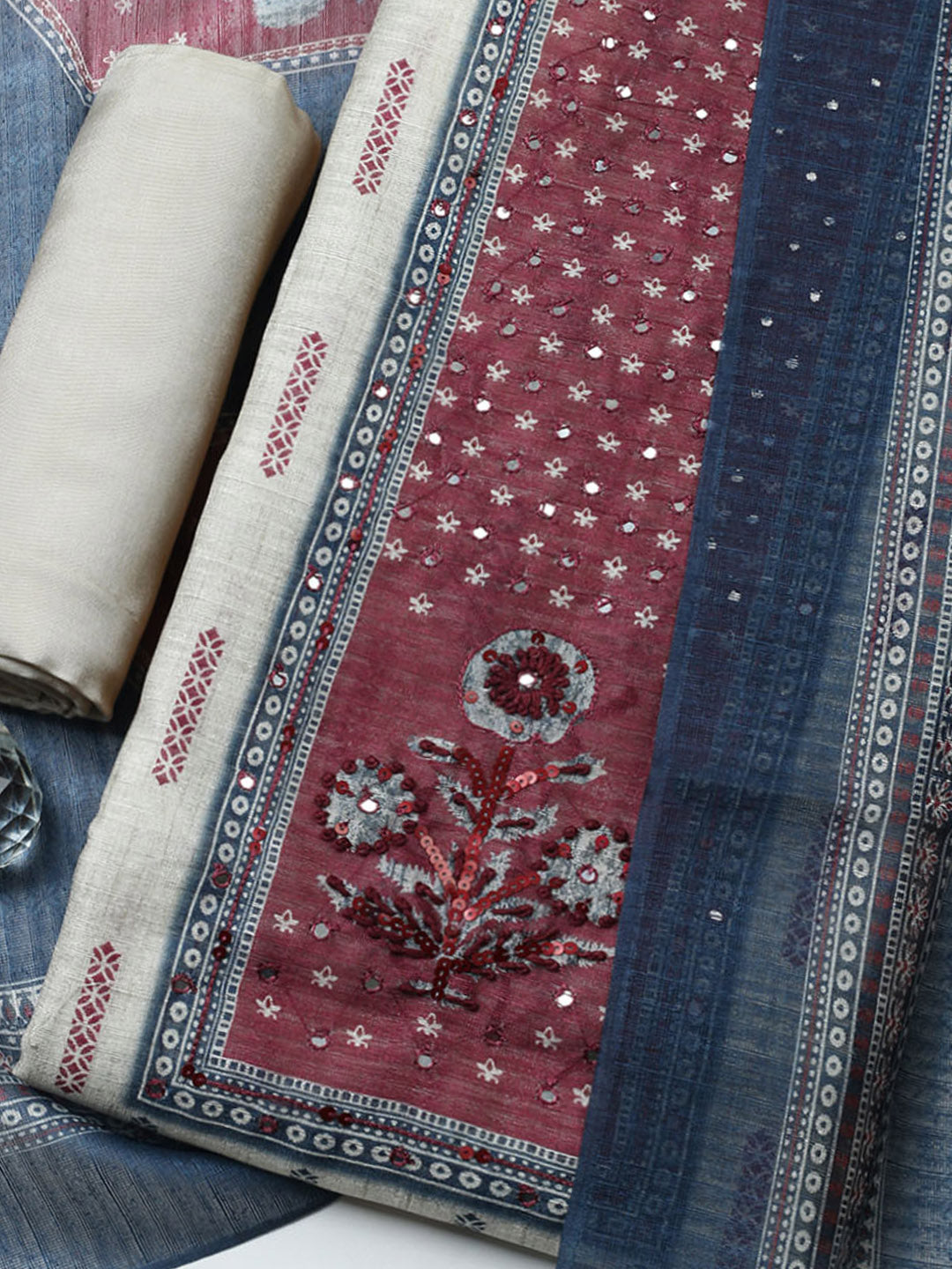 Printed Cotton Blend Unstitched Suit With Pant &amp; Dupatta
