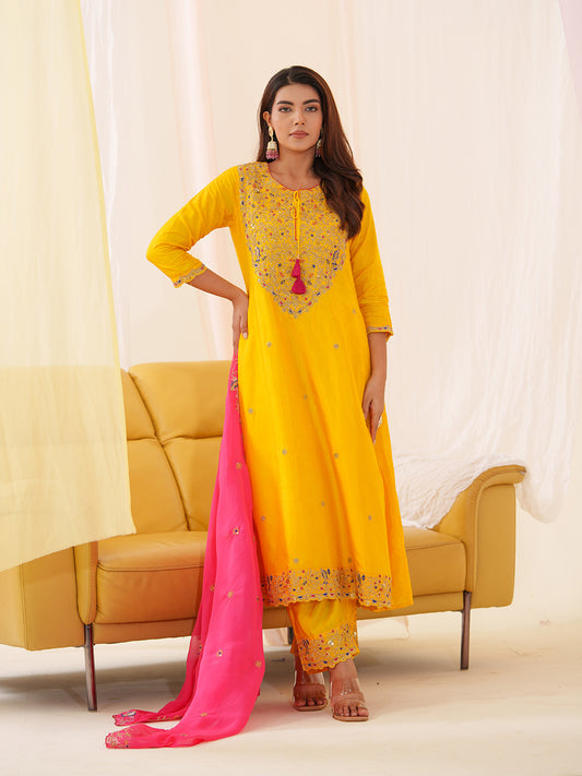 Neck Embroidered Art Silk Kurta With Pants & Dupatta