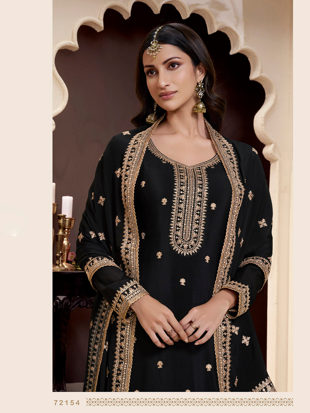 Embroidered Chinon Semi Stitched Kurta with Stitched Sharara &amp; Dupatta
