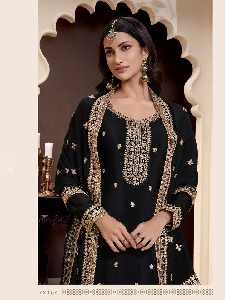 Embroidered Chinon Semi Stitched Kurta with Stitched Sharara &amp; Dupatta