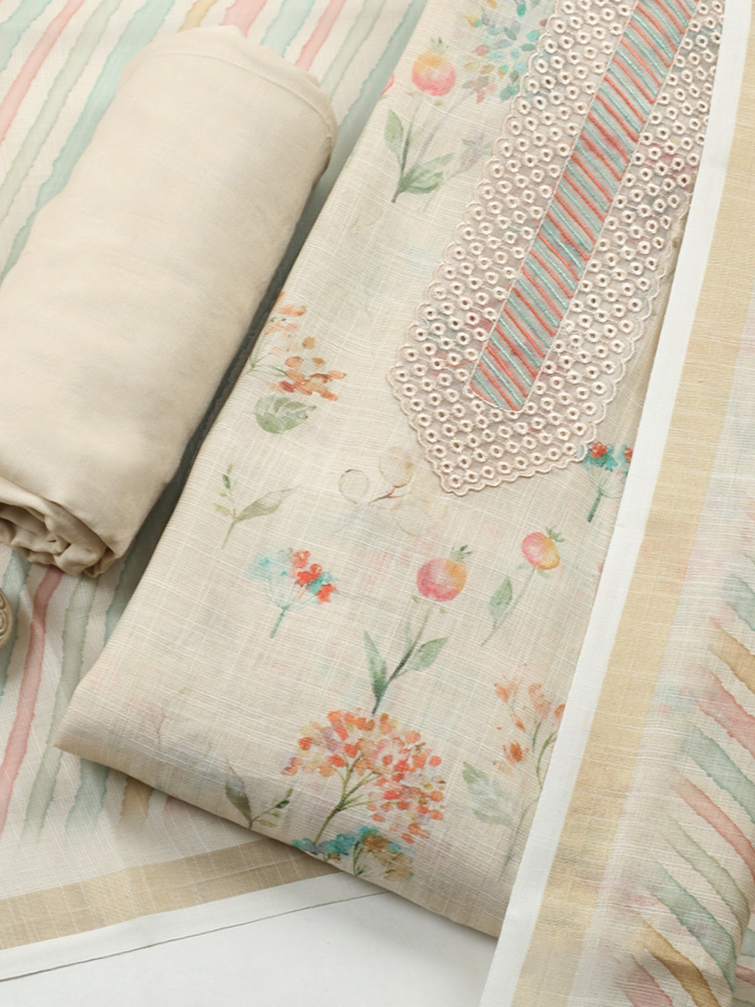 Printed Linen Blend Unstitched Suit With Pant &amp; Dupatta