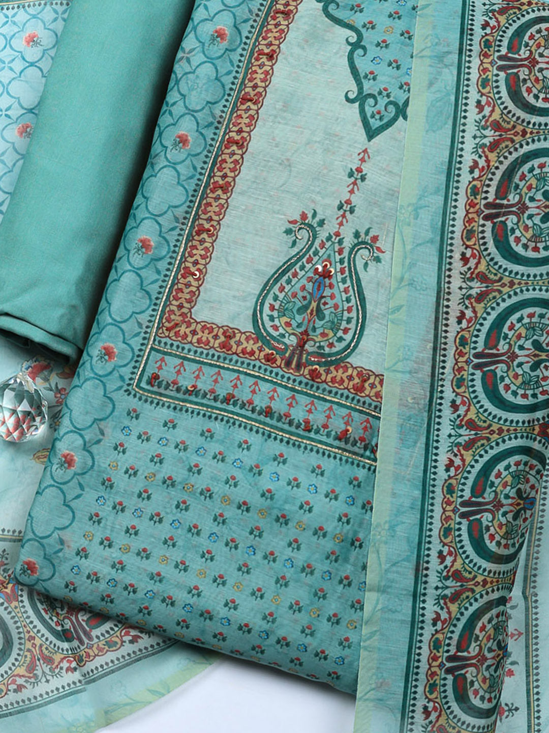 Embellished Chanderi Unstitched Suit With Pant &amp; Dupatta