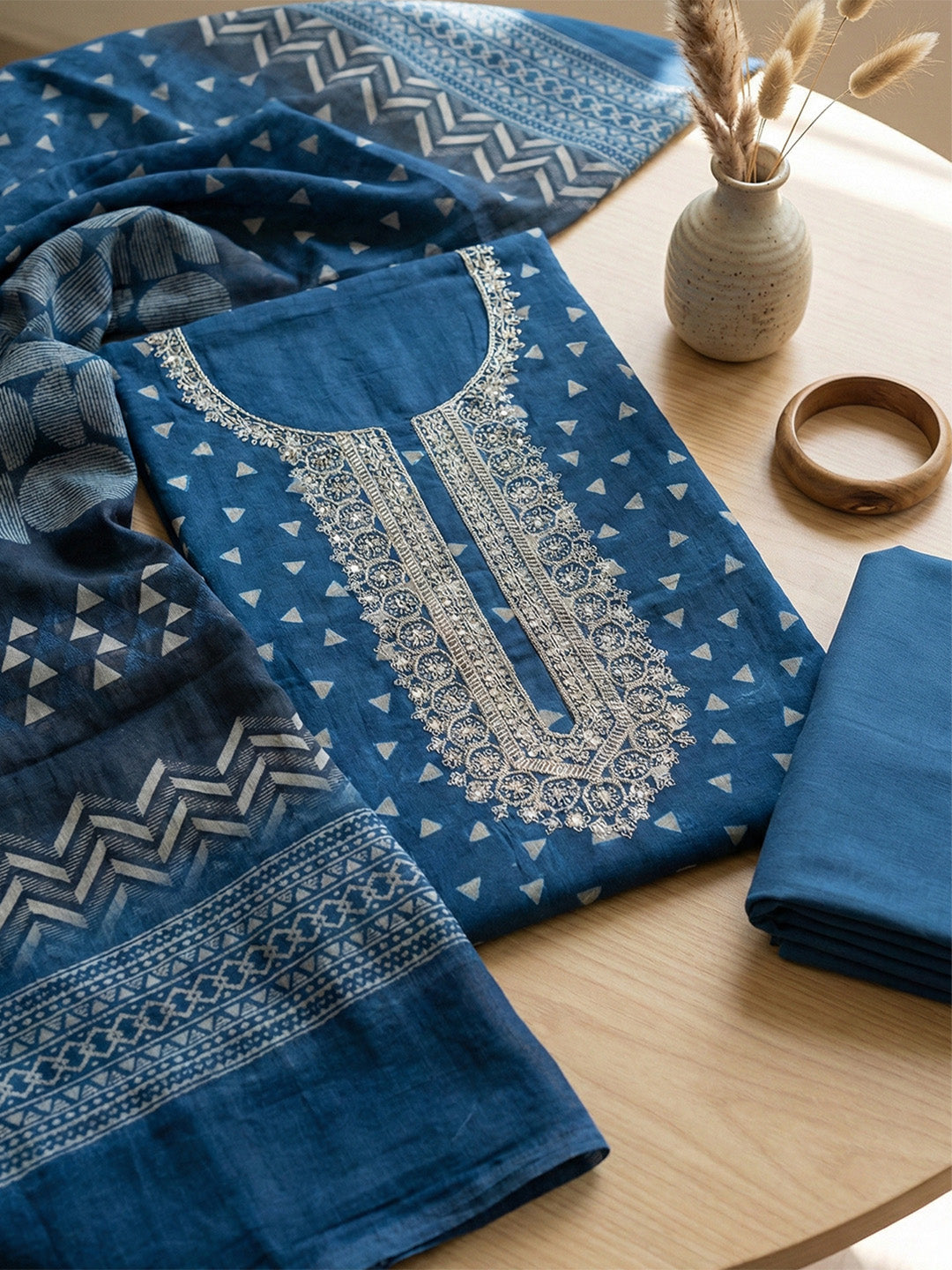 Embroidered Chanderi Unstitched Suit With Pant &amp; Dupatta