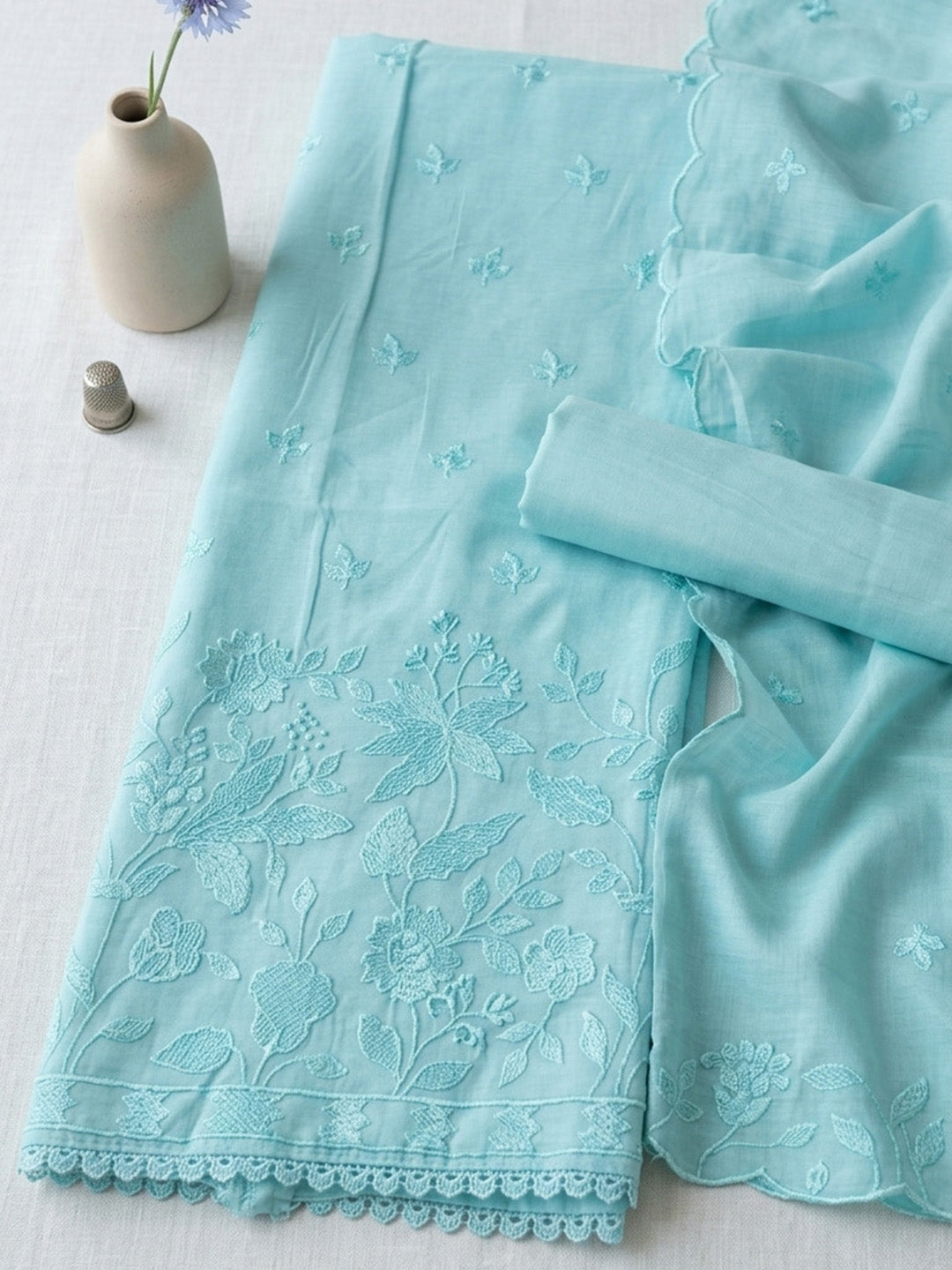 Embroidered Chanderi Unstitched Suit With Pant &amp; Dupatta