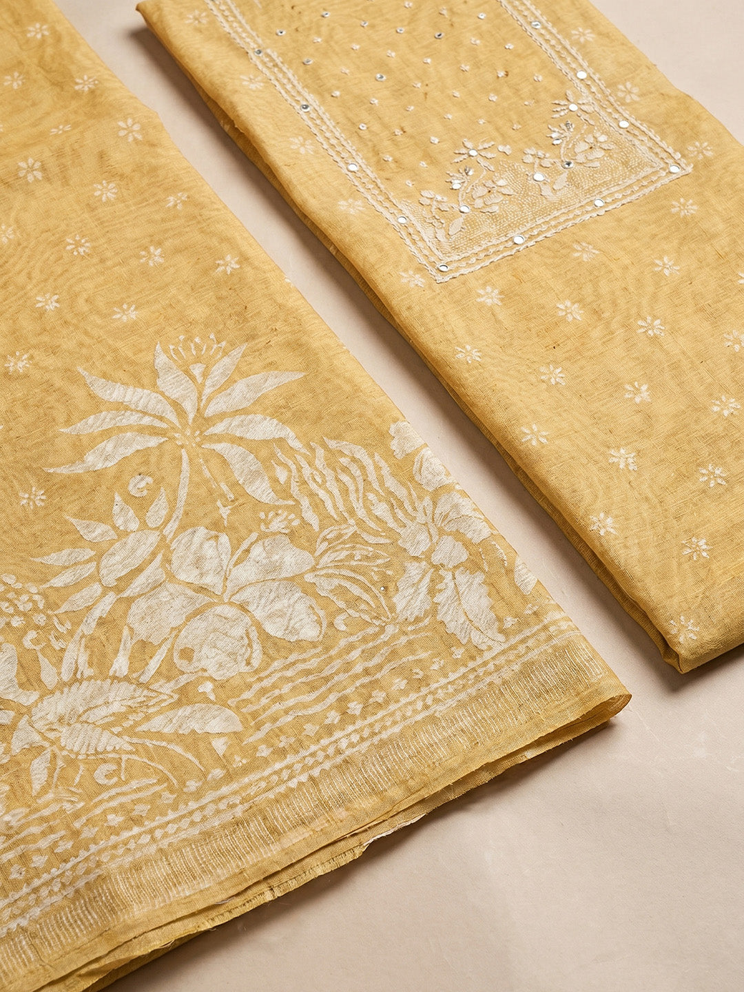 Printed Chanderi Unstitched Suit With Pant &amp; Dupatta