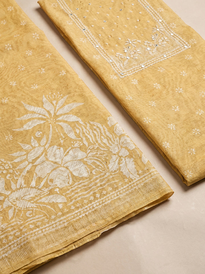 Printed Chanderi Unstitched Suit With Pant &amp; Dupatta