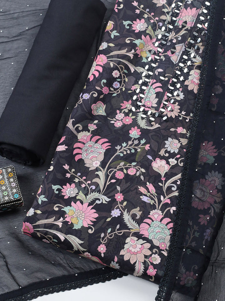 Embellished Cotton Blend Unstitched Suit With Pant &amp; Dupatta
