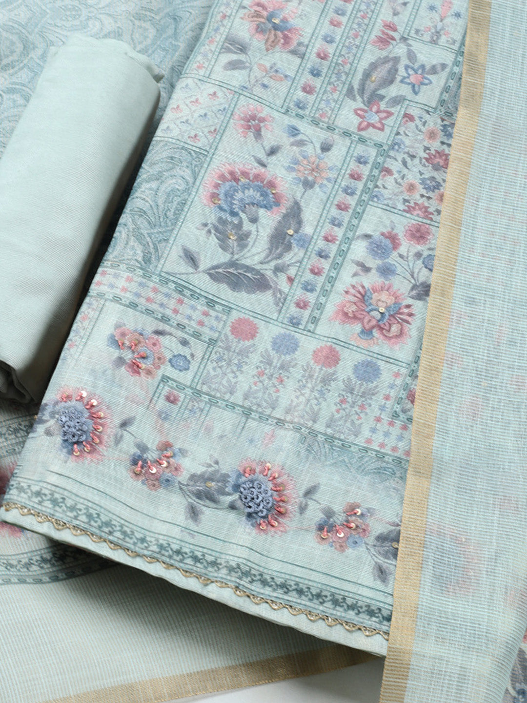 Printed Linen Blend Unstitched Suit With Pant &amp; Dupatta