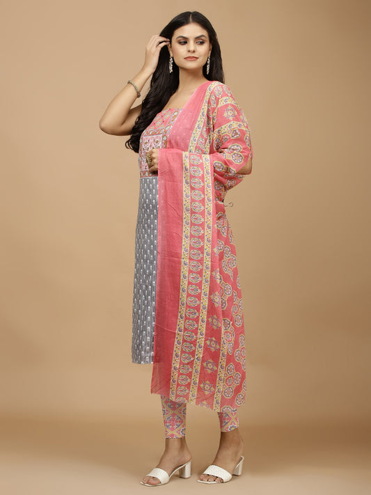 Neck Patti Printed Cotton Unstitched Suit With Dupatta