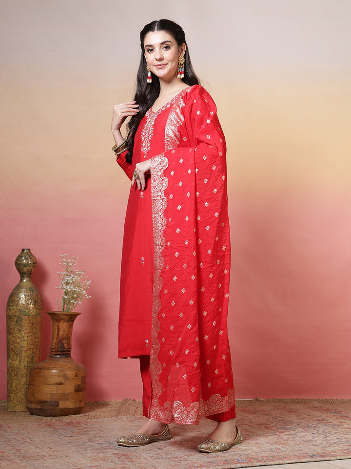 Embroidered Muslin Kurta With Pants &amp; Dupatta