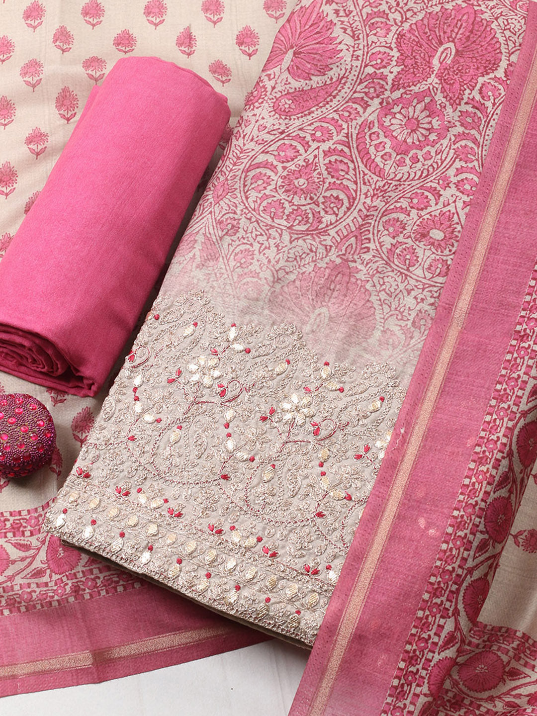 Printed Cotton Blend Unstitched Suit With Pant &amp; Dupatta