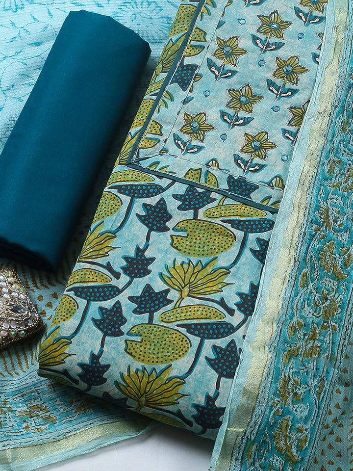Printed Cotton Blend Unstitched Suit With Pant &amp; Dupatta