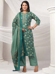 Printed Cotton Blend Kurta With Pants & Dupatta