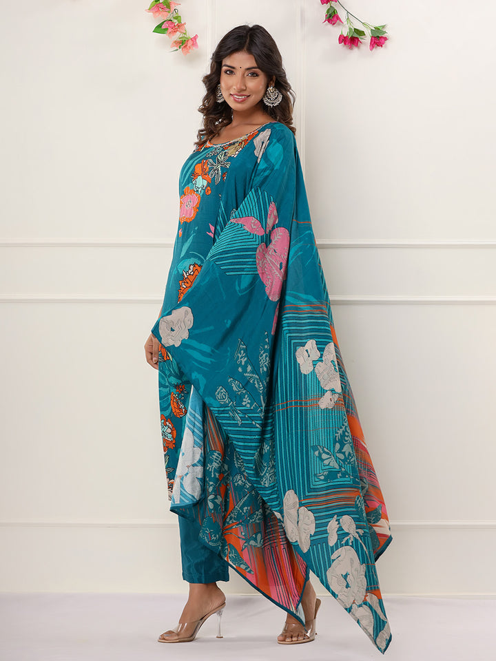Blue Digital Printed Muslin Straight Suit Set With Dupatta