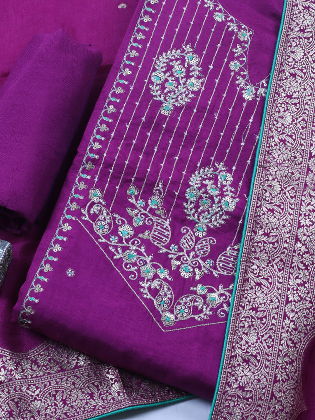 Embroidered Chanderi Unstitched Suit With Pant &amp; Dupatta