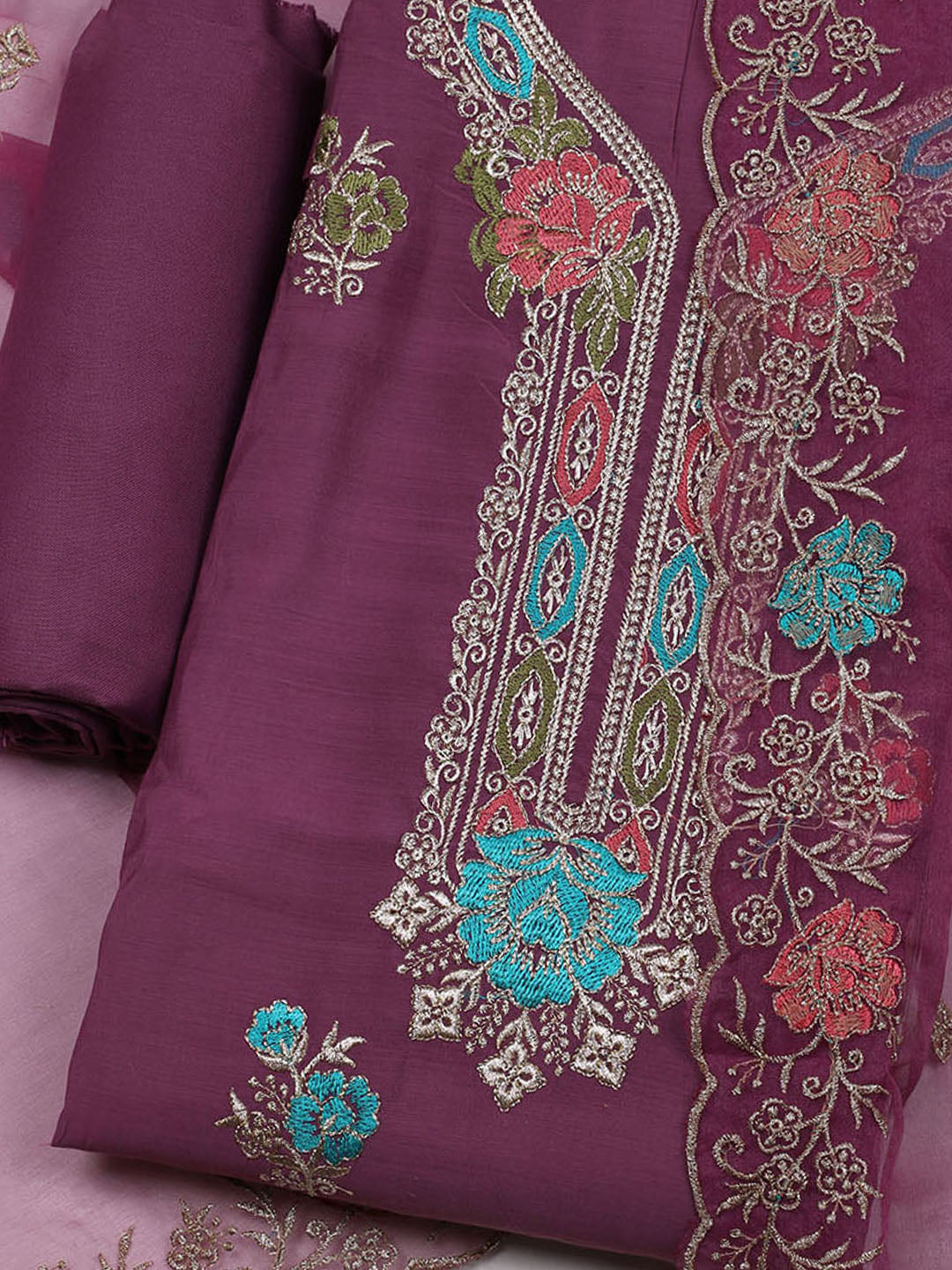 Embroidered Chanderi Unstitched Suit With Dupatta