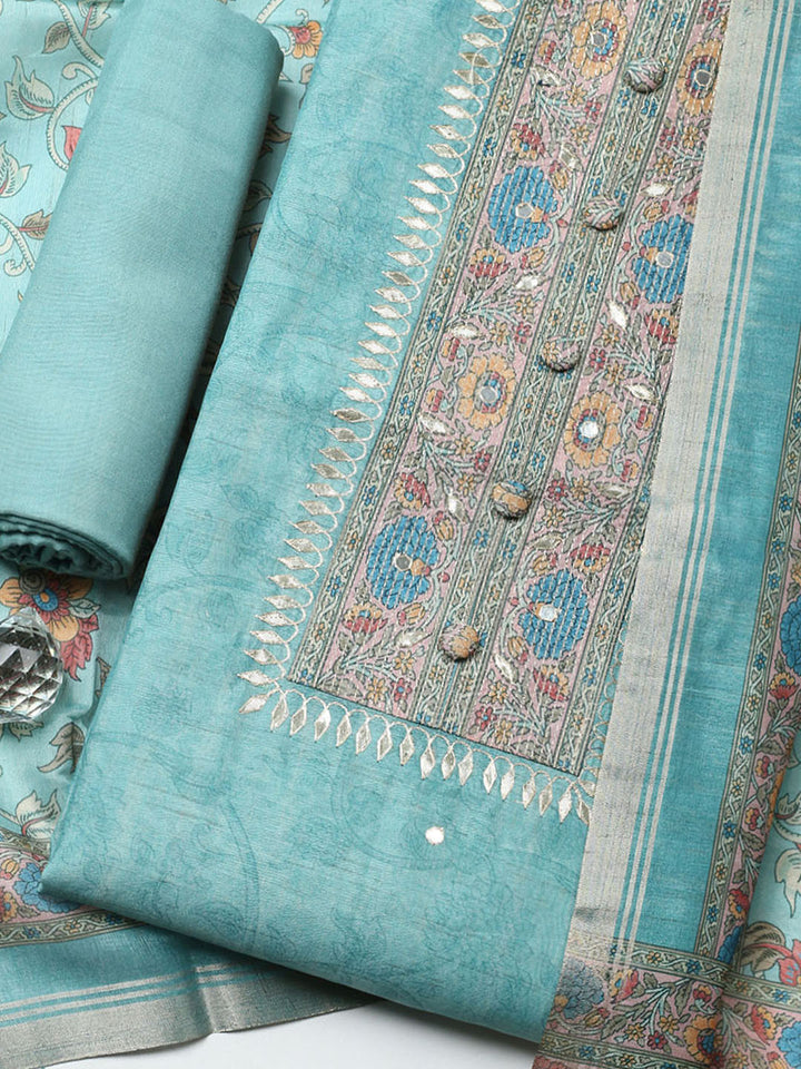 Embroidered Chanderi Unstitched Suit With Pant &amp; Dupatta