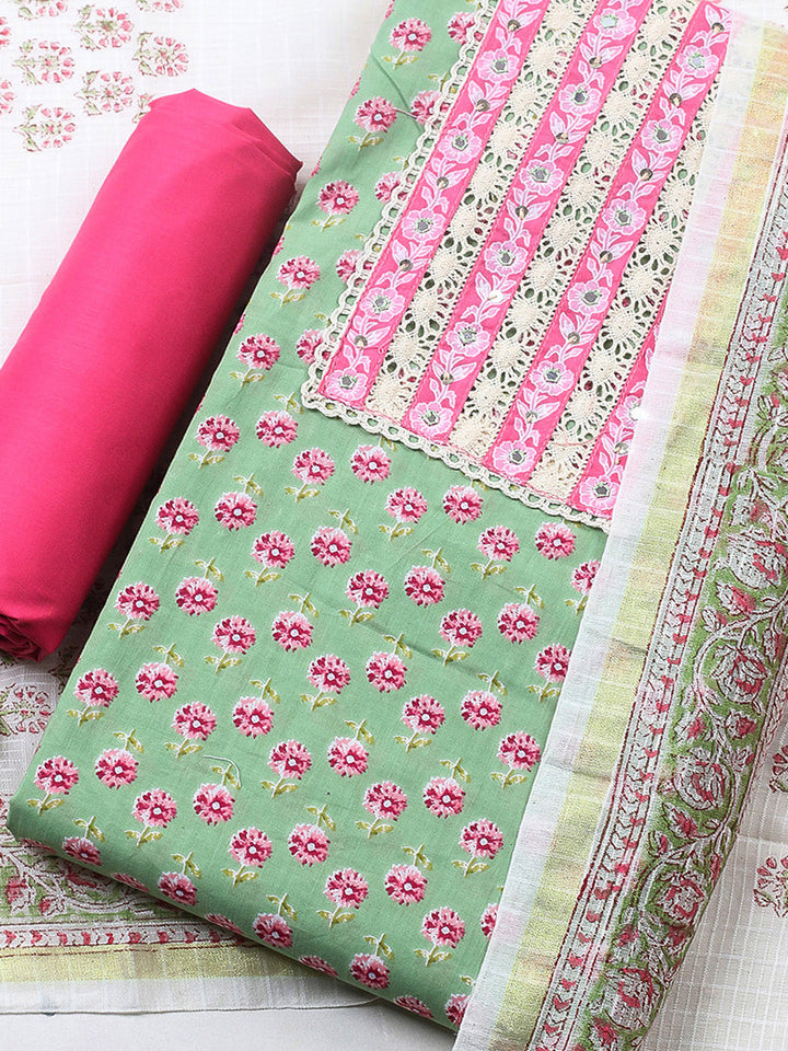 Printed Cotton Blend Unstitched Suit With Pant &amp; Dupatta