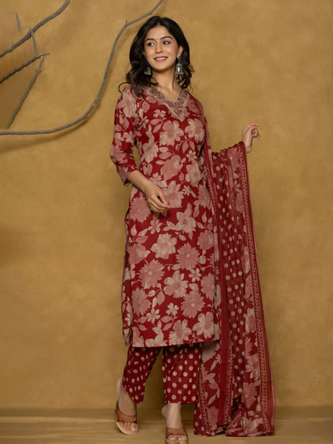 Printed Cotton Blend Kurta With Pants & Dupatta