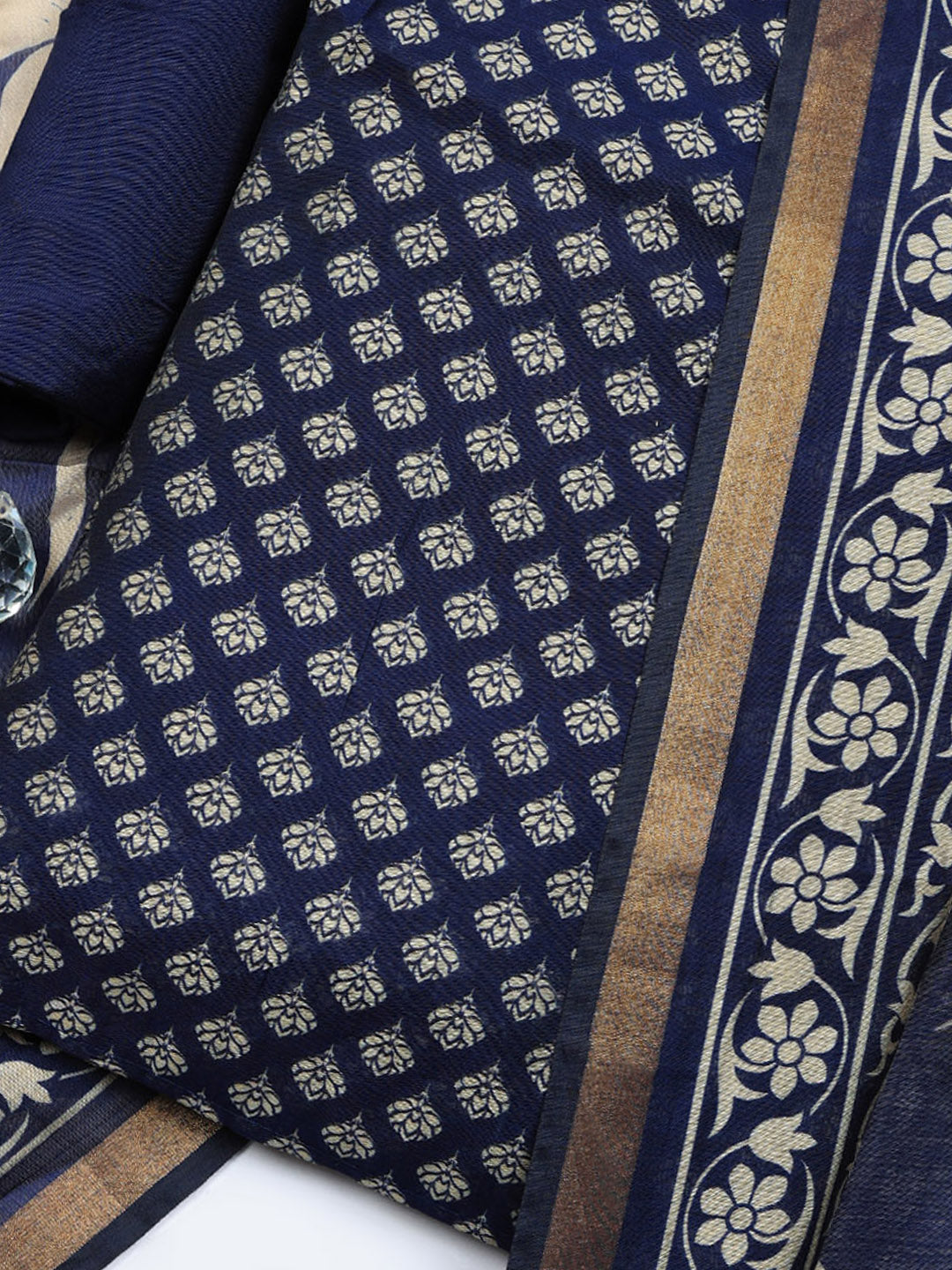 Printed Chanderi Unstitched Suit With Pant &amp; Dupatta