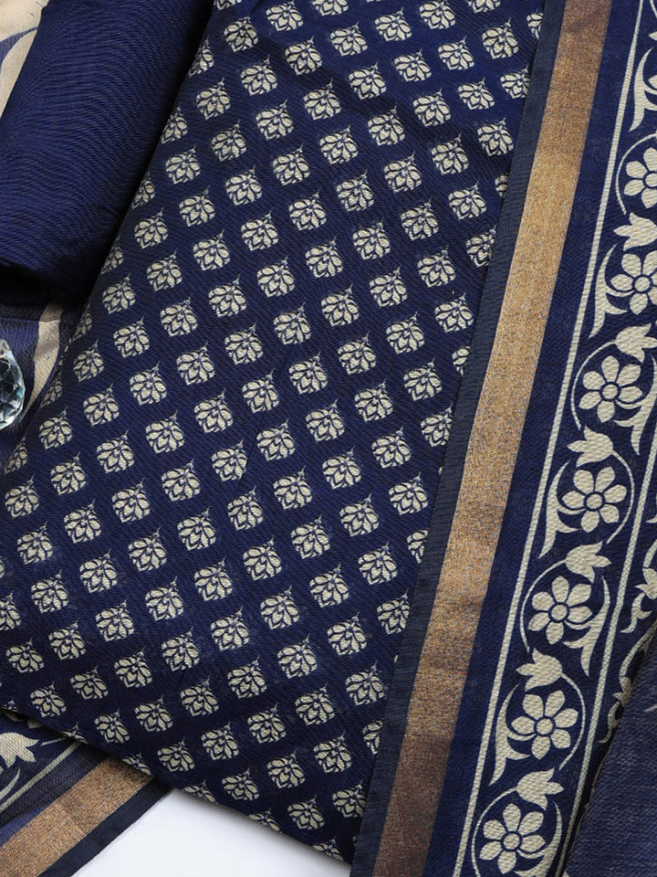 Printed Chanderi Unstitched Suit With Pant &amp; Dupatta