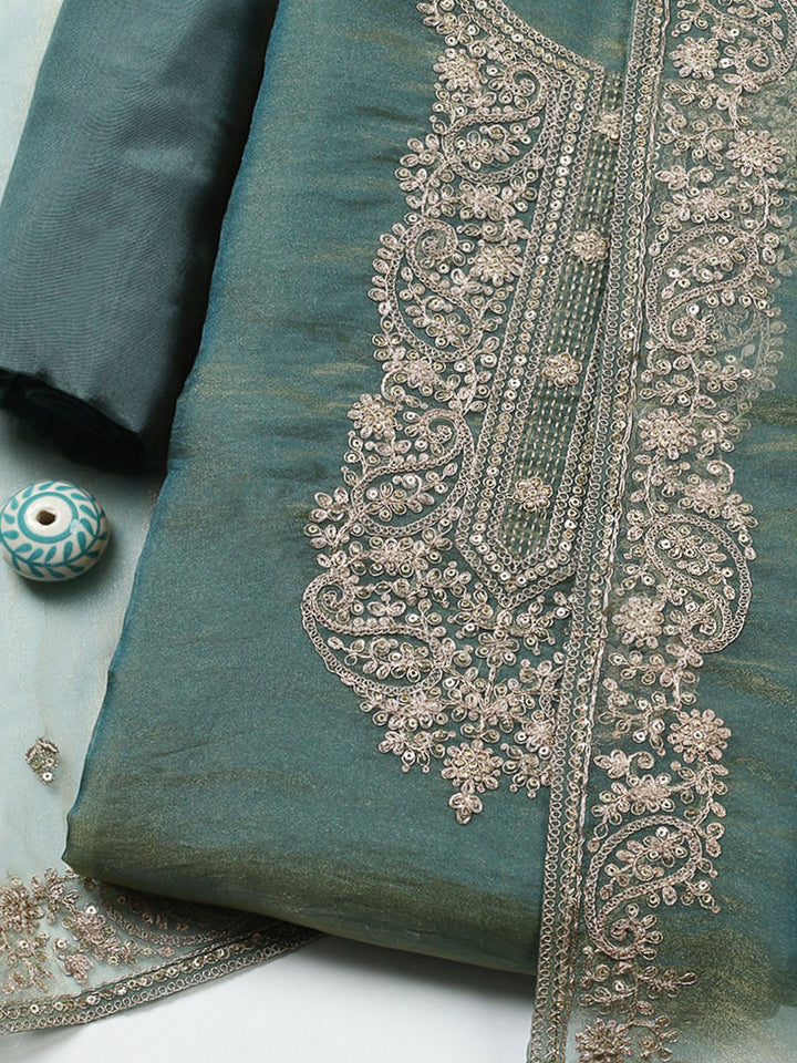 Embroidered Tissue Unstitched Suit With Pant &amp; Dupatta