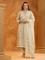 Printed Cotton Blend Kurta With Pants & Dupatta