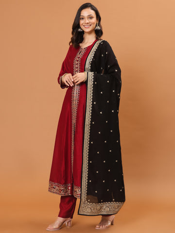 Zari Embroidery Handloom Kurta With Pants & Dupatta