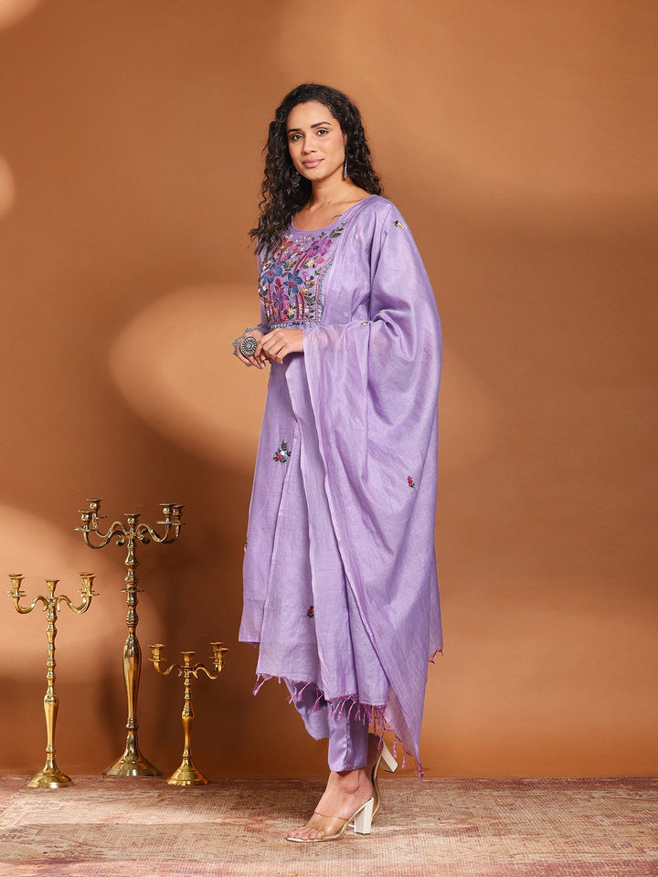 Embroidered Cotton Blend Kurta With Pant &amp; Dupatta