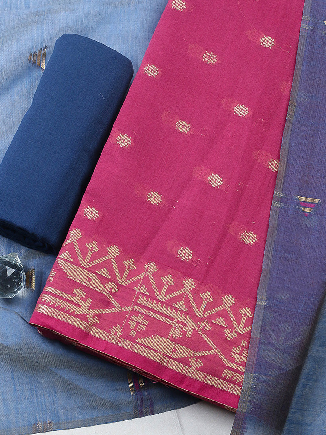 Printed Chanderi Unstitched Suit With Pant &amp; Dupatta
