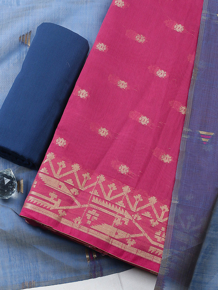 Printed Chanderi Unstitched Suit With Pant &amp; Dupatta