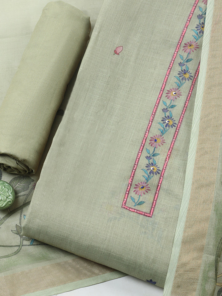 Printed Linen Blend Unstitched Suit With Pant &amp; Dupatta