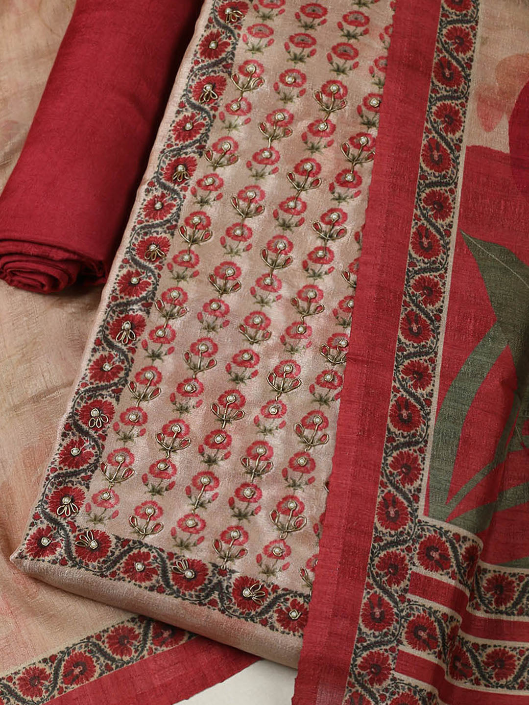 Embroidered Tussar Unstitched Suit With Pant &amp; Dupatta