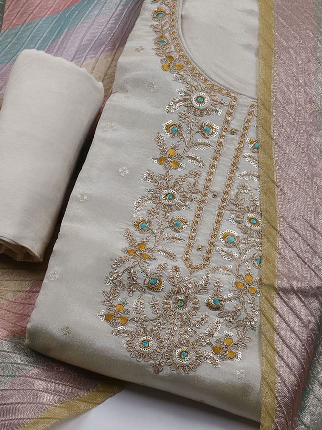 Neck Embroidered Chanderi Unstitched Suit With Dupatta