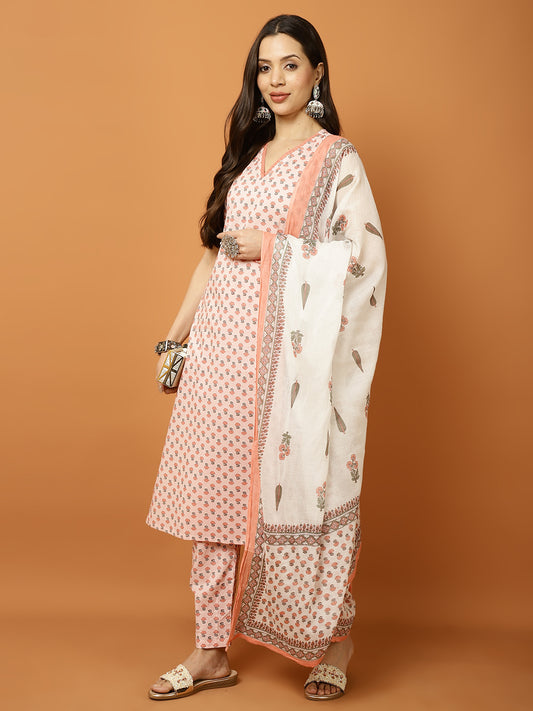 Printed Cotton Blend Suit Set with Dupatta