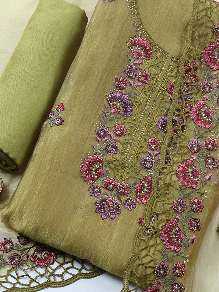 Embroidered Tissue Unstitched Suit With Pant &amp; Dupatta