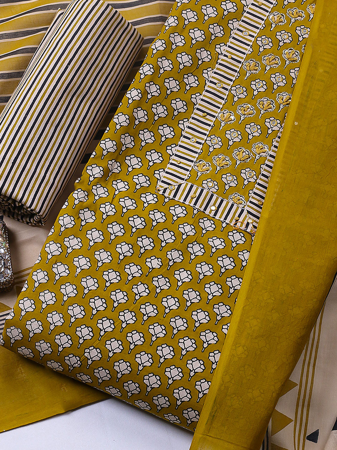 Embroidered Cotton Blend Unstitched Suit With Pant &amp; Dupatta
