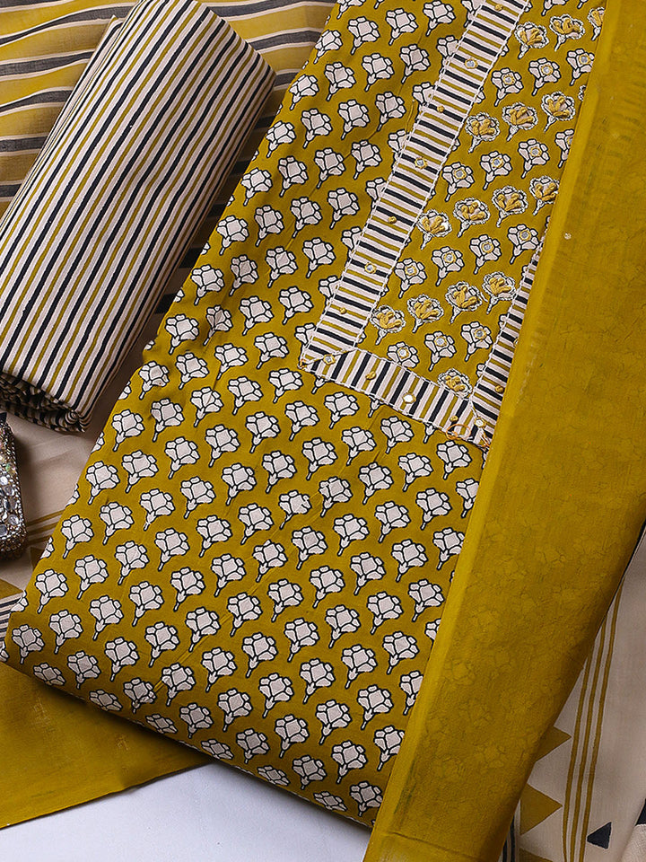 Embroidered Cotton Blend Unstitched Suit With Pant &amp; Dupatta