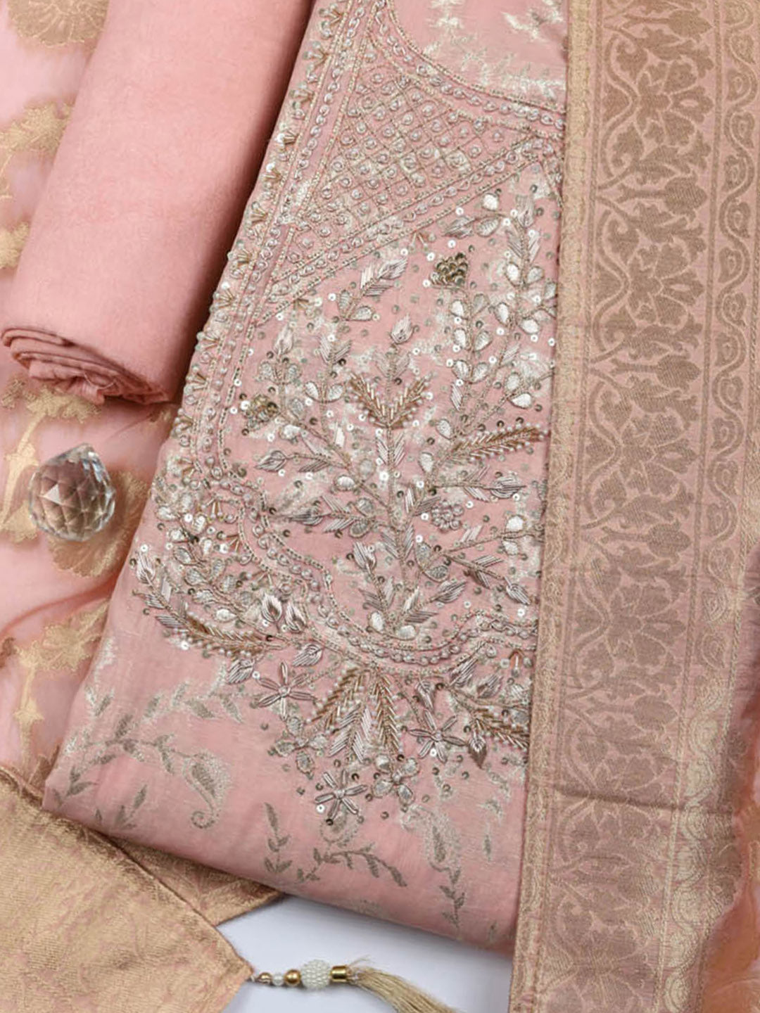Embroidered Chanderi Unstitched Suit With Pant &amp; Dupatta