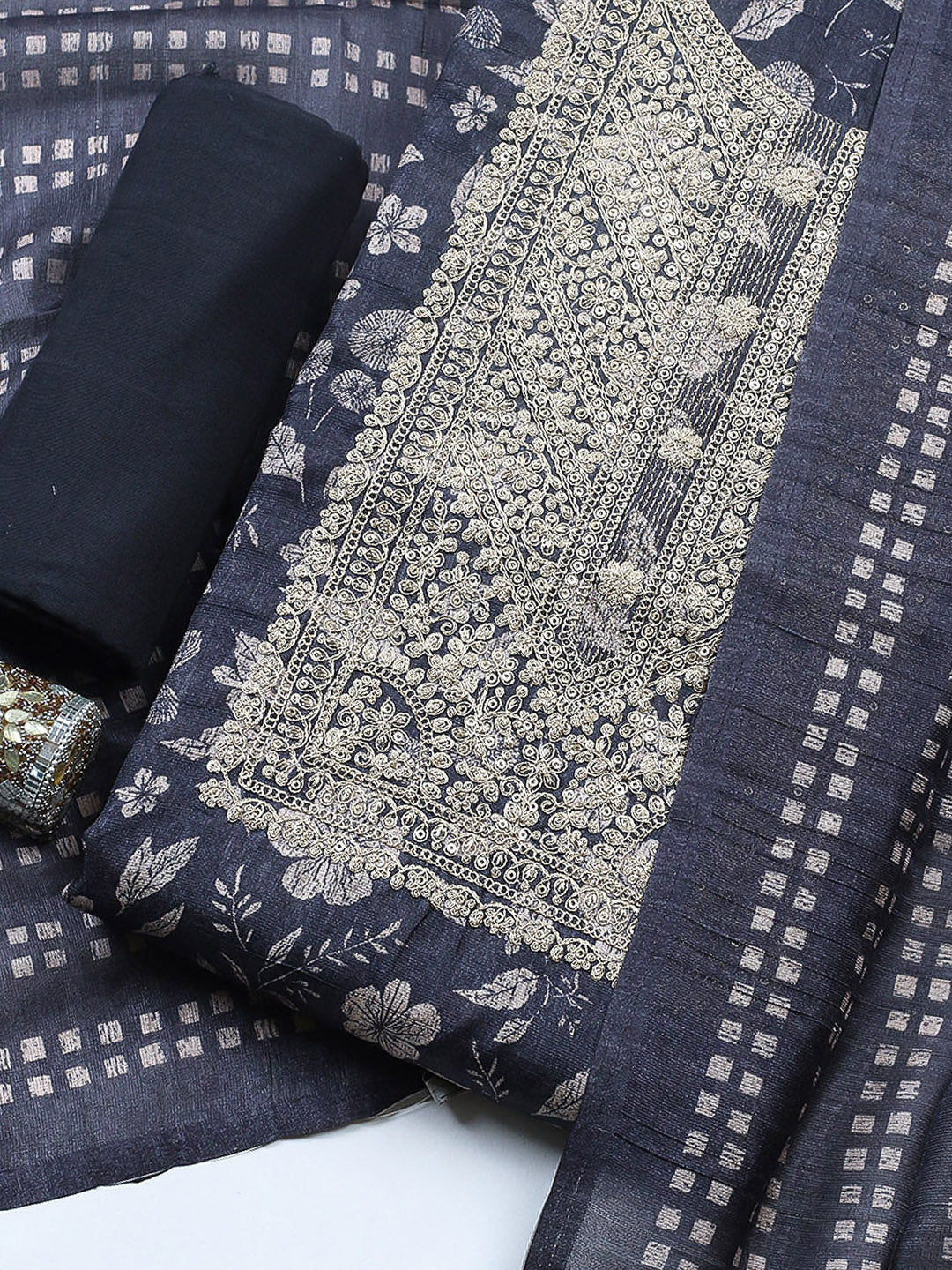 Embroidered Cotton Blend Unstitched Suit With Pant &amp; Dupatta