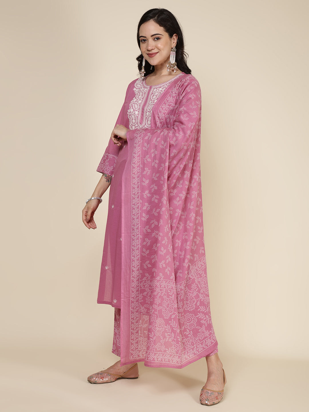 Embroidered Cotton Blend Kurta With Pants & Dupatta