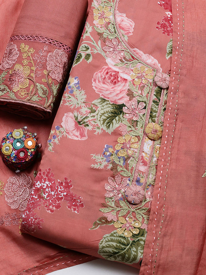Embroidered Muslin Unstitched Suit With Pant &amp; Dupatta