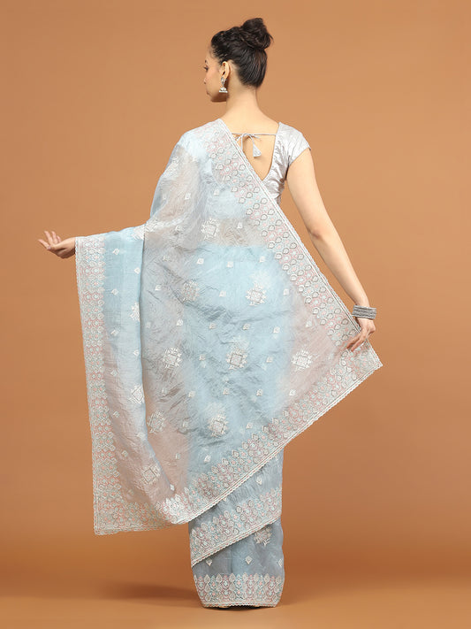 Zari Border Printed Organza Saree